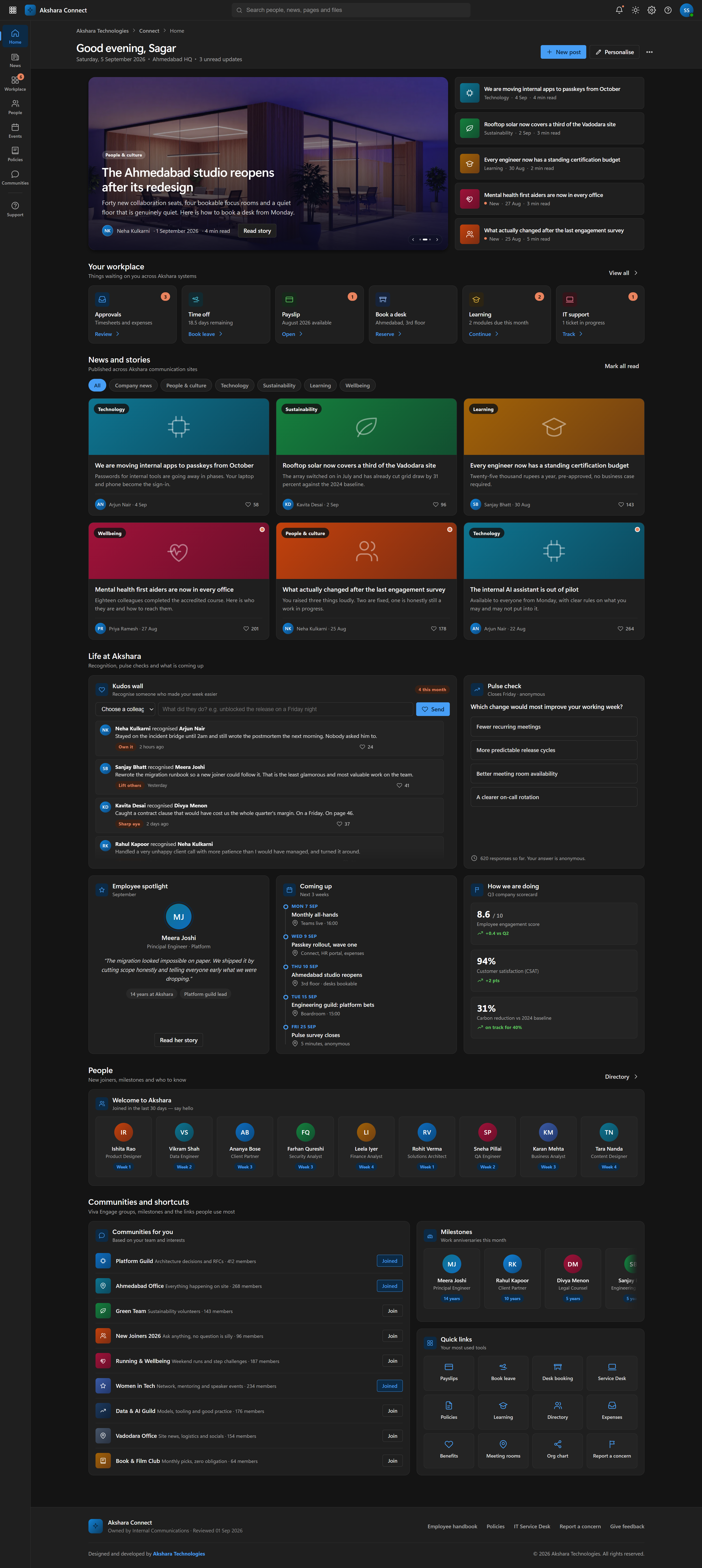 Akshara Connect company intranet showing news feed, workplace tools, kudos wall, and communities on SharePoint Online